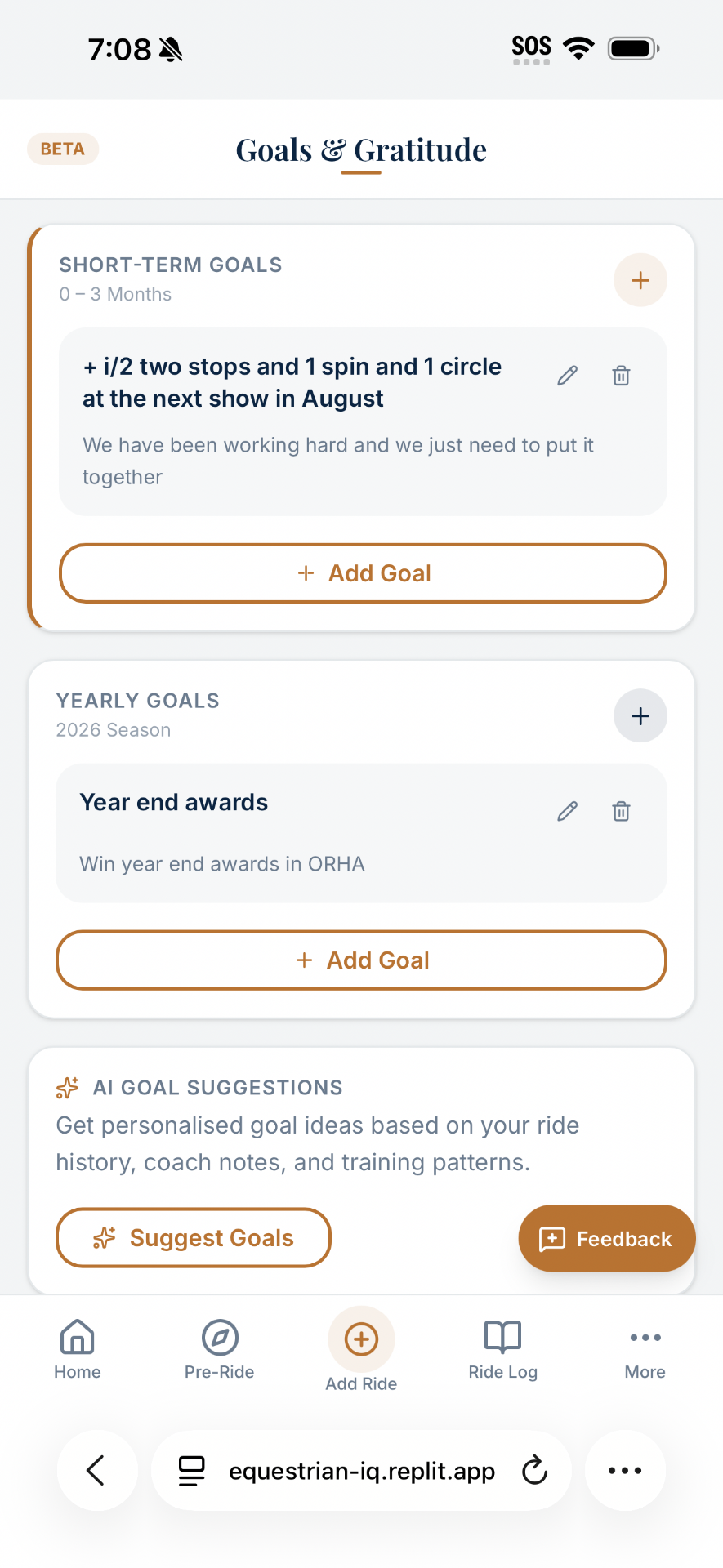 EquestrianIQ Goals and Gratitude screen with short-term and yearly goals and AI goal suggestions