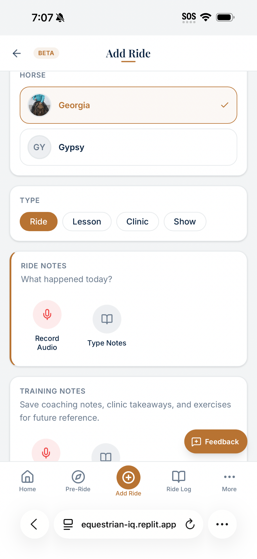 EquestrianIQ add ride screen with record audio, type notes and training notes