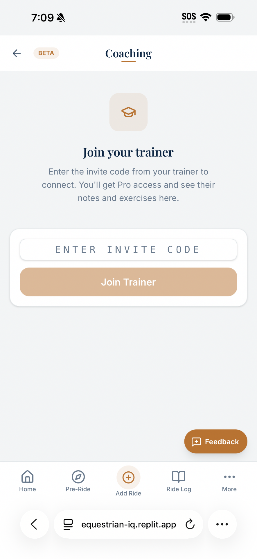 EquestrianIQ coaching join-your-trainer screen with invite code