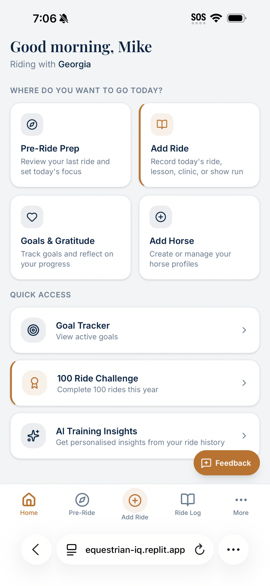 EquestrianIQ home dashboard showing greeting, selected horse and quick actions