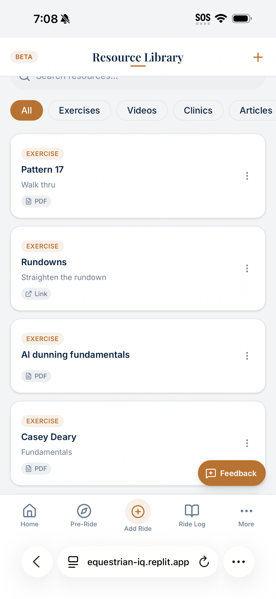 EquestrianIQ resource library filtered by exercises and articles