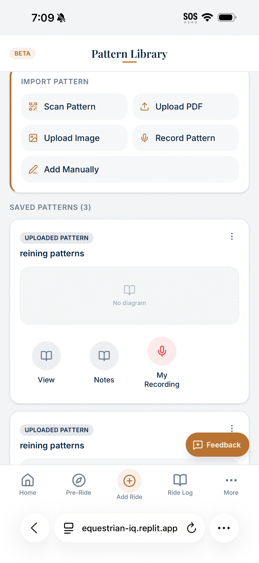 EquestrianIQ pattern library with saved reining patterns