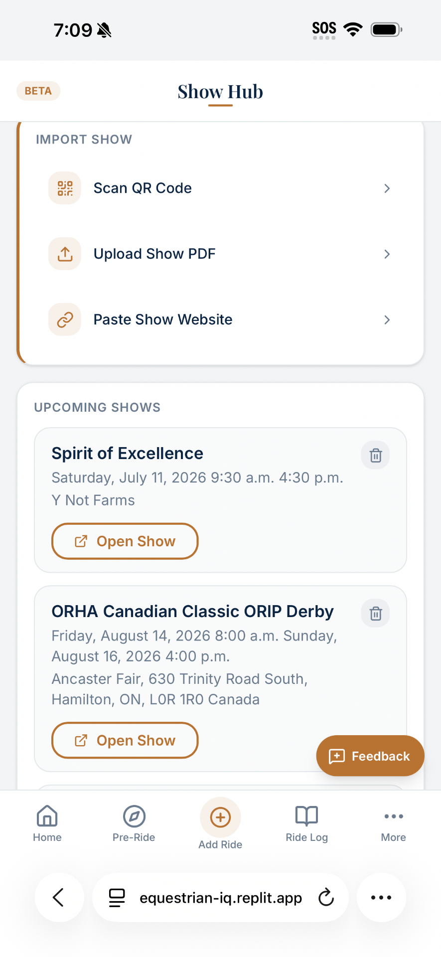 EquestrianIQ show hub listing upcoming reining shows