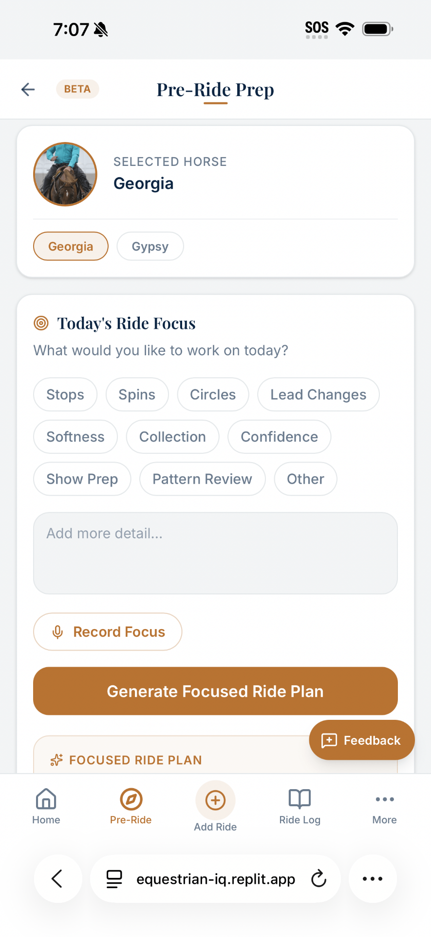 EquestrianIQ pre-ride prep screen with focus tags and focused ride plan
