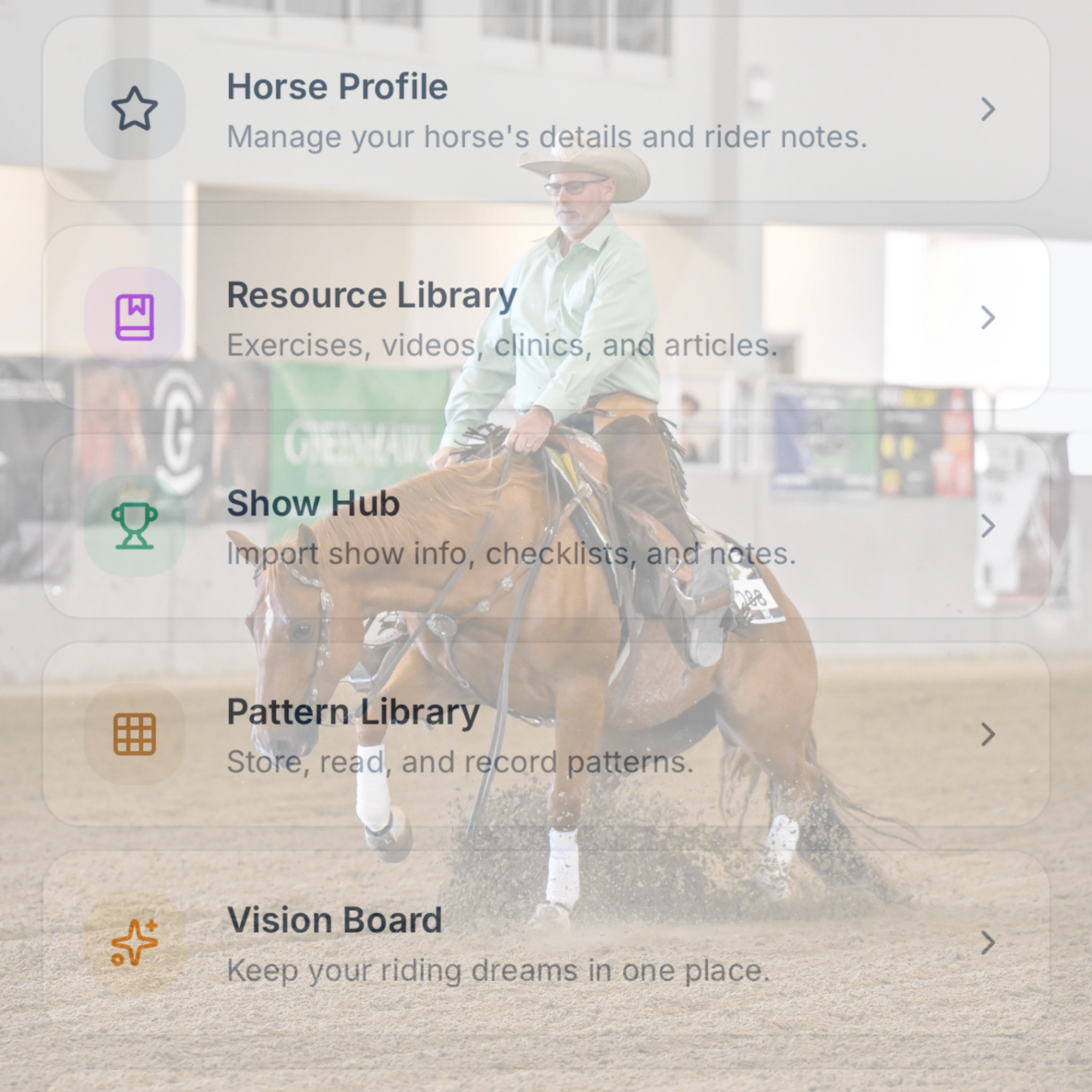 EquestrianIQ app menu layered over a reining rider mid-run