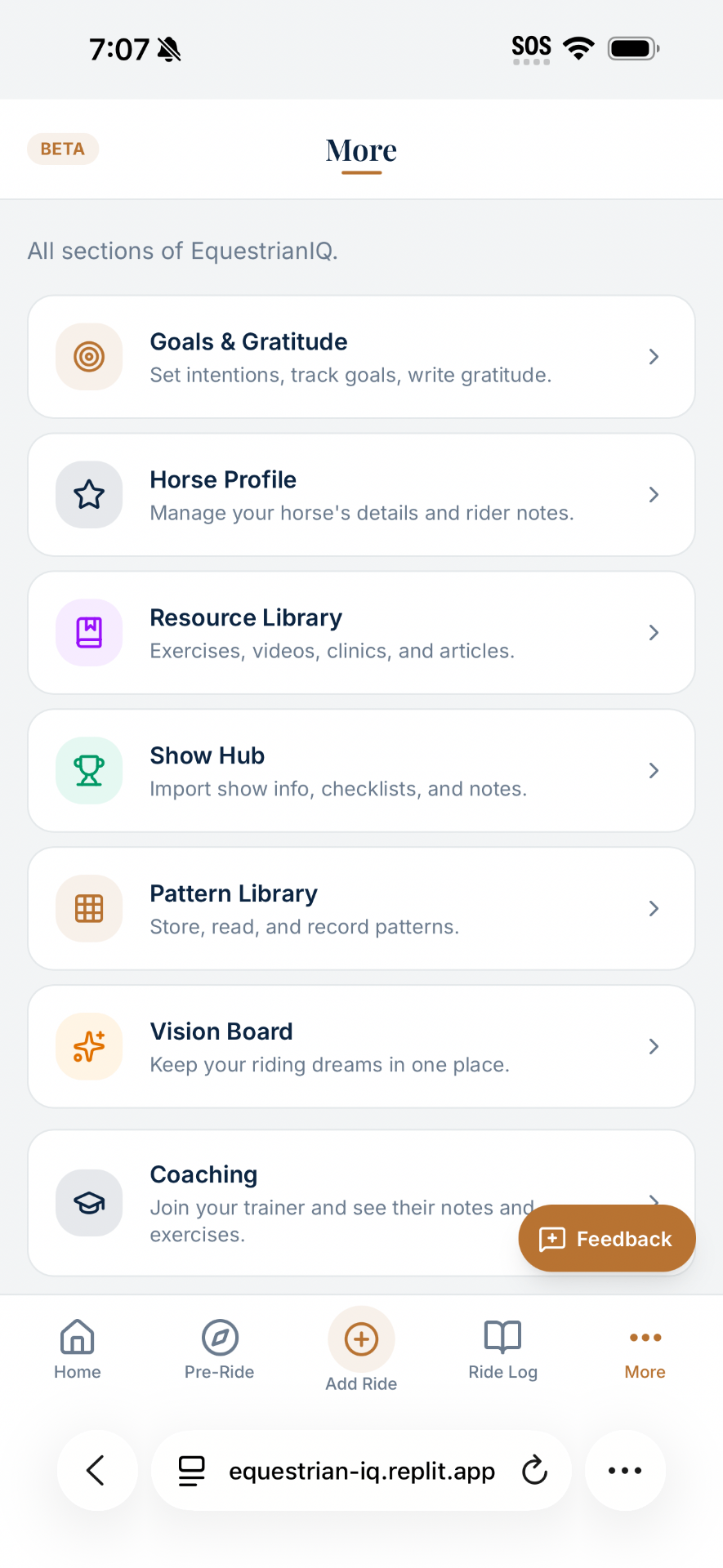 EquestrianIQ More section connecting goals, horse profiles, resources, show hub, patterns and coaching