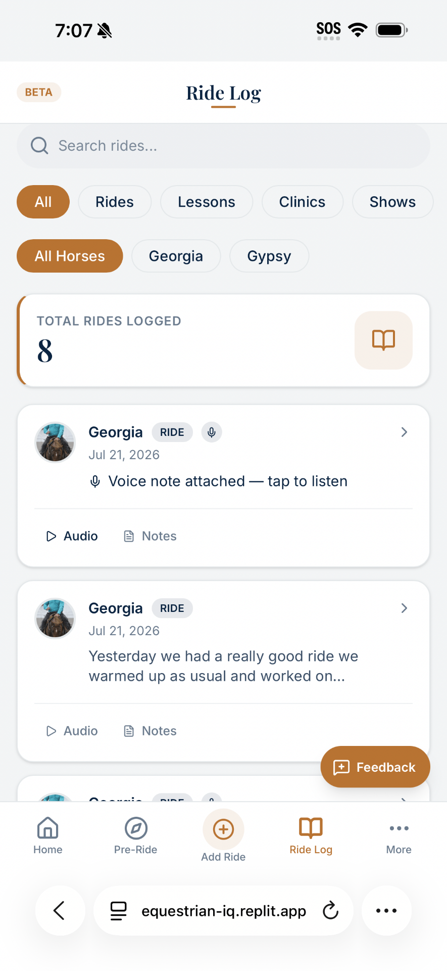 EquestrianIQ ride log listing recent rides with search and horse filters